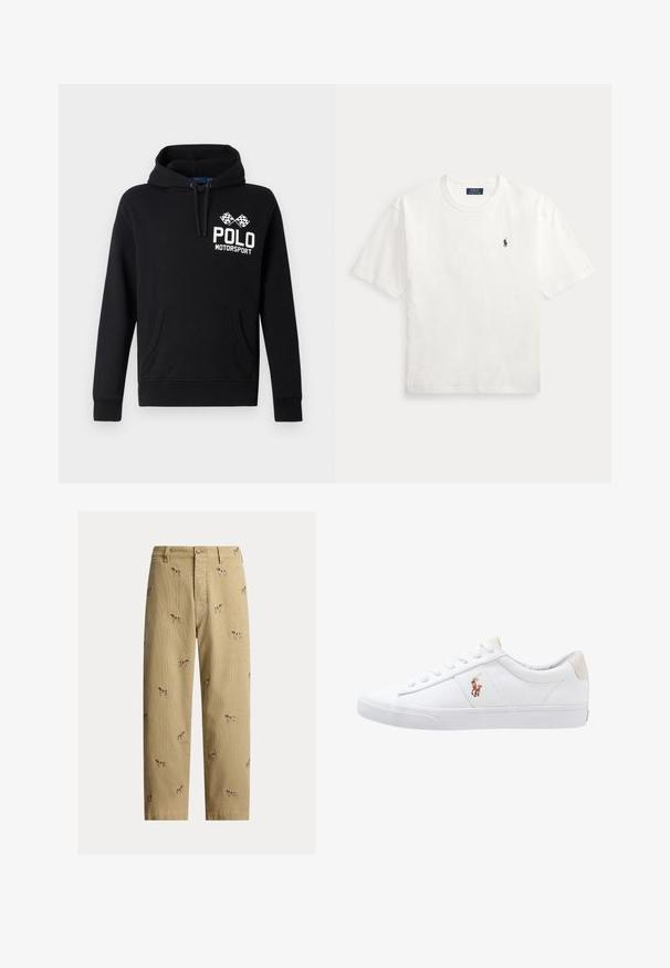 Sort hættetrøje lavet af bomuldsblanding med en front kangaroo lomme. Har hvid "POLO MOTORSPORT" tekst og et design med krydsede ternede flag.; Hvid T-shirt med korte ærmer og rund hals med lille sort Polo Ralph Lauren hestelogo på venstre bryst.; Beige fløjlsbukser med broderede hundemotiver, lige ben, fem lommer og knaplukning foran.; Hvide kanvas sneakers med lågtop design, prydet med en beige hælkappe og et lille broderet logo på siden. Gummisål.