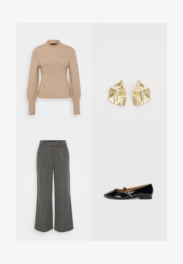 Pull en maille beige avec un col haut et des manches longues, présentant une texture douce et une coupe ajustée. Le tissu semble léger et chaud.; Pantalons larges en chevrons gris avec une taille ajustée, présentant un devant plissé et un tissu doux et texturé.; Chaussure plate en cuir verni noir avec un bout pointu, une bride de cheville avec une boucle en tonalité dorée, et un petit talon carré. Fini lisse et brillant.; Boucles d'oreilles en métal doré avec un design ondulé ; surface lisse et réfléchissante ; forme asymétrique ; sans motifs ni éléments visibles.
