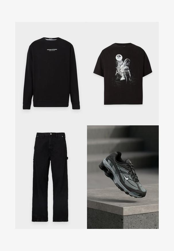 Sweat-shirt noir à manches longues avec le texte blanc « WEEKEND OFFENDER ADMIT NOTHING » centré sur la poitrine.; T-shirt noir avec un graphisme blanc représentant une femme aux longs cheveux, des ailes de chauve-souris et une pleine lune en arrière-plan.; Pantalon en denim noir à coupe droite, doté d'une braguette à boutons et fermeture éclair, de poches latérales et de légères variations de texture.; Baskets athlétiques grises et noires avec panneaux en mesh et semelle épaisse, positionnées en plein air au-dessus d'un rebord en béton avec des escaliers en arrière-plan.