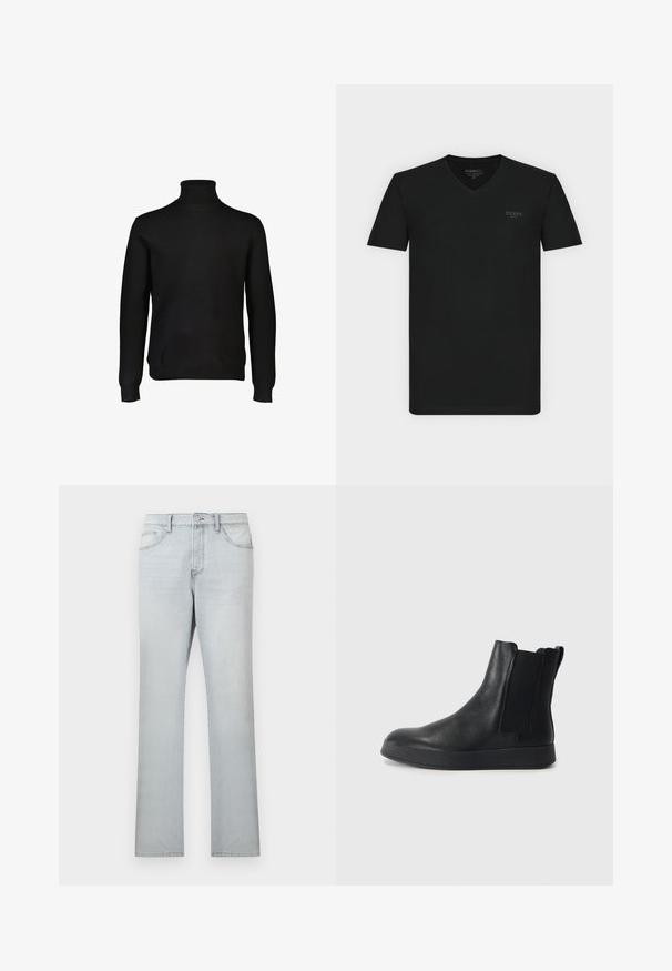Sort turtleneck sweater lavet af blødt strikstof. Har lange ærmer og ribbet detaljering ved halsudskæringen og kanten. Klassisk silhuet.; Sort kortærmet V-hals T-shirt med subtil gråt "GUESS" logo på venstre bryst, vist på en ensfarvet hvid baggrund.; Lyseblå straight-leg jeans med forreste knap, lynlås og fem-lomme design på en ensfarvet baggrund.; Sorte læder ankelstøvler med en struktureret overflade, elastiske sidepaneler og en solid sort gummisål. Designet til nemt at tage på.