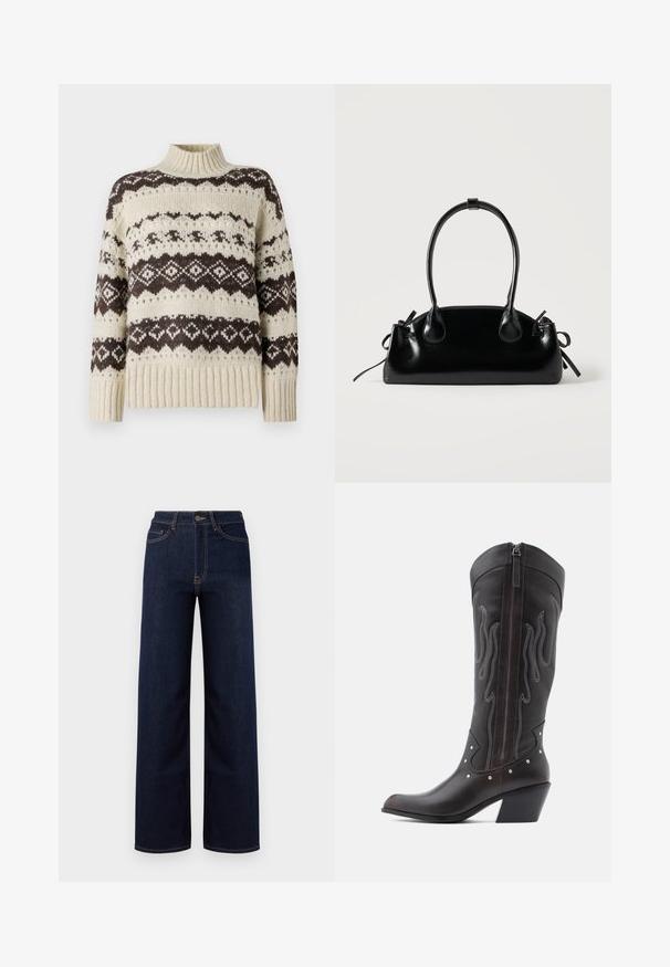Vero Moda Knitted VMAMPLE Knitted - Pullover - birch; Jeans en denim bleu foncé à jambes larges, avec une taille haute, quatre poches et des coutures contrastantes le long des coutures.; Bottes de cowboy en cuir marron avec surpiqûres en forme de flammes, fermeture éclair latérale, clous argentés, bout pointu et talon superposé.; Petit sac à main noir brillant avec deux longues anses et des détails à cordon sur les côtés sur un fond clair uni.