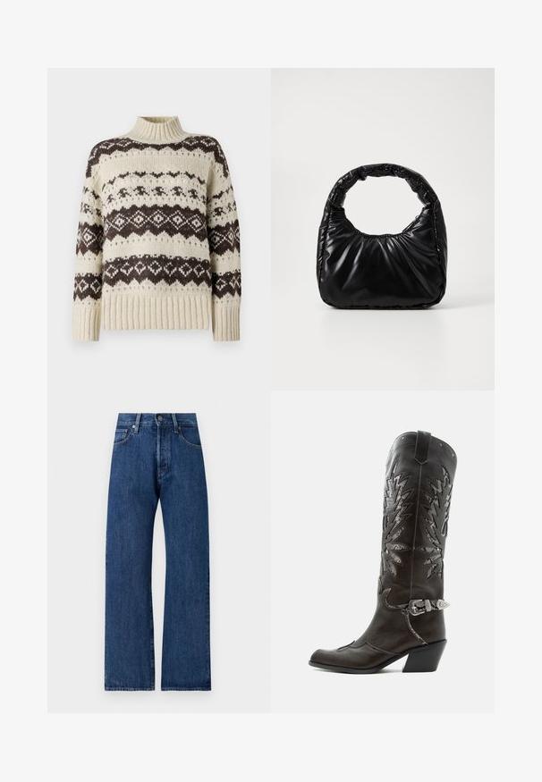 Vero Moda Knitted VMAMPLE Knitted - Pullover - birch; Jeans en denim bleu à jambes larges avec un lavage délavé, présentant une fermeture à bouton, des passants de ceinture et cinq poches pour le rangement.; Botte de cowboy en cuir noir avec découpes décoratives, boucle argentée et talon incliné, présentée sur fond blanc.; Sac à main noir rembourré avec une poignée arrondie, présentant une surface lisse et brillante ainsi qu'une texture douce et matelassée. Pas de quincaillerie ou d'accents visibles.