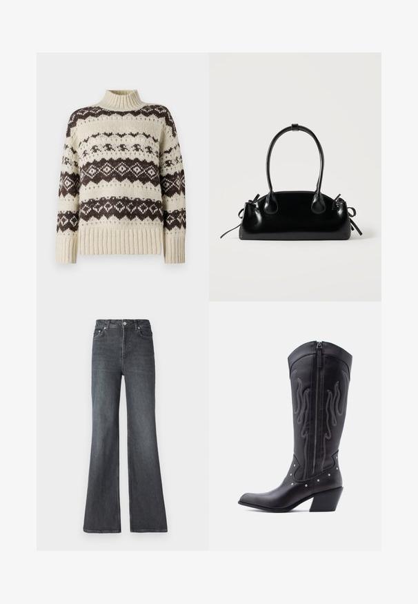 Vero Moda Knitted VMAMPLE Knitted - Pullover - birch; Jean flare en denim foncé avec taille haute, dotés de poches avant, d'une fermeture éclair et d'un design classique à cinq poches.; Bottes de cow-boy en cuir noir avec bout pointu, coutures apparentes, ornements à clous argentés et fermeture éclair sur le côté intérieur.; Petit sac à main noir brillant avec deux longues anses et des détails à cordon sur les côtés sur un fond clair uni.