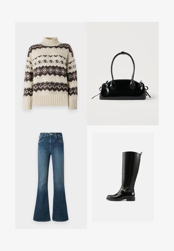 Vero Moda Knitted VMAMPLE Knitted - Pullover - birch; Jeans en denim bleu évasés présentant une taille haute, un léger délavage, cinq poches et des coutures contrastées. Fabriqués en tissu en coton extensible.; Bottes noires montantes en cuir verni, avec un détail de boucle argentée à la cheville et une conception à bout arrondi. Semelle plate.; Petit sac à main noir brillant avec deux longues anses et des détails à cordon sur les côtés sur un fond clair uni.