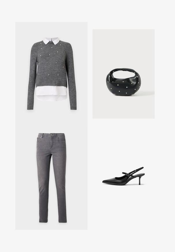 Grå strikket sweater med lange ærmer, der har en hvid krave og perleudsmykninger på fronten. Lagdelt design med en afsluttet bund.; Slim-fit grå denim jeans med frontknap, lynlås, bæltestropper og fem-lomme design, vist på en ensartet lys baggrund.; Sorte læder slingback hæle med spids tå, slank justerbar rem og en stiletto hæl på cirka 5 cm, glat tekstur.; Sort læderhåndtaske med en rundet form, dekoreret med sølvnitter, og et kort håndtag. Glat tekstur og lynlåslukning.