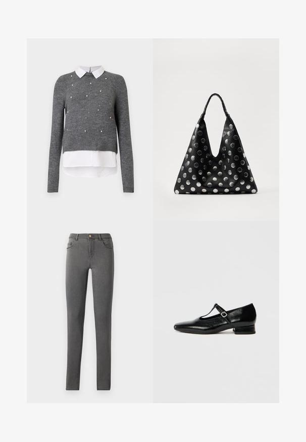 Grå strikket sweater med lange ærmer, der har en hvid krave og perleudsmykninger på fronten. Lagdelt design med en afsluttet bund.; Grå denim skinny jeans med en tætsiddende pasform, fem lomme stil og en enkelt metalknaplukning i taljen.; Sorte Mary Jane-sko i læder med spids tå, lille blokhæl og justerbar rem med sølvspænde. Glat, blank tekstur.; Sort lædertaske med en trekantet form, udstyret med sølvfarvede metallic prikker og et tekstureret håndtag. Generelt glat finish.