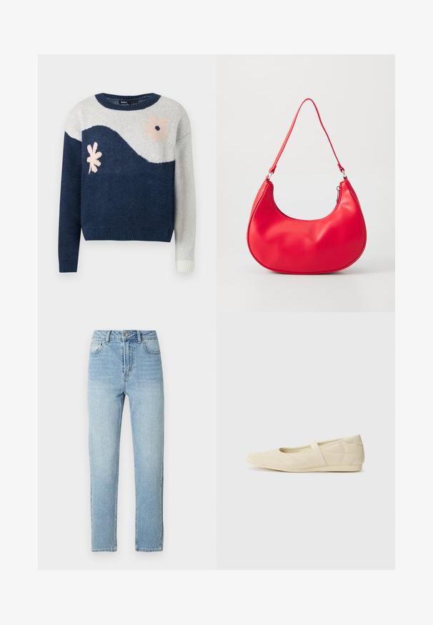 Marineblå og lysegrå strikket sweater med bølgemønster, blomstermotiv i pink og sort, rund hals, ribbede manchetter og kant.; Lyseblå denimjeans med lige ben, fem-lomme-design, metalknaplukning og diskrete slidningsdetaljer foran.; Lysebrune ballet flats med en glat læderoverflade, mandelformet tå og elastisk rem over vristen, med diskrete syninger.; Rød syntetisk læder skuldertaske med en buet form, slank rem og lynlås lukning. Glat tekstur med synlige syninger.