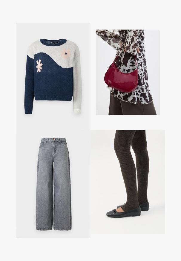 Suéter de punto en navy y gris claro con patrón de olas, diseño floral en rosa y negro, cuello redondo, puños y dobladillo acanalados.; Jeans de denim de pierna ancha en un lavado gris desgastado, con cinco bolsillos, cierre de botón y una textura suave con sutiles detalles de desgaste.; Piernas con leggings oscuros acanalados combinados con bailarinas negras que presentan pequeños detalles de lazo sobre un fondo blanco.; Mujer con blusa de estampado en blanco y negro sosteniendo un bolso de hombro rojo brillante sobre un fondo liso.