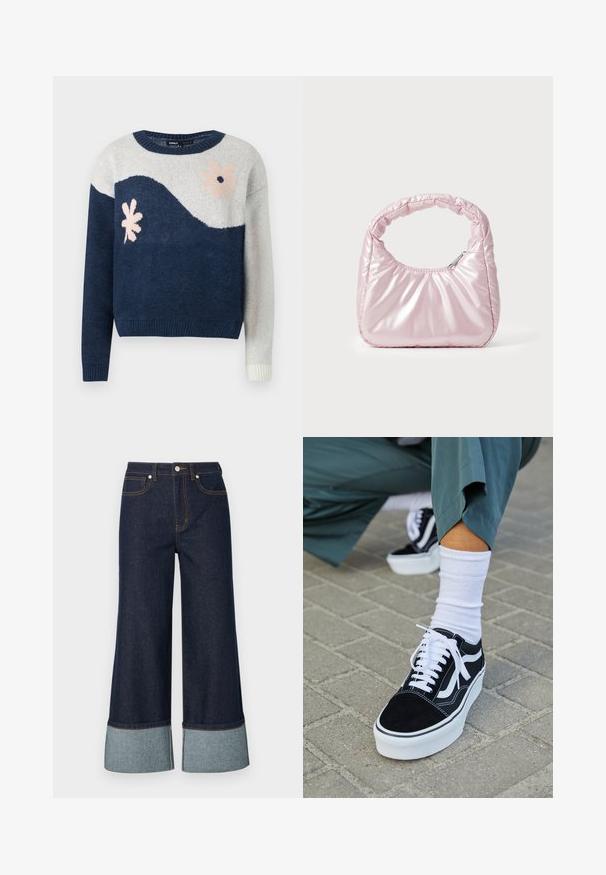 Pull en tricot bleu marine et gris clair avec motif en vagues, design floral en rose et noir, col rond, poignets et ourlet côtelés.; Jeans évasés en denim foncé, dotés d'un revers en denim clair. Le design comprend des poches avant et des détails de surpiqûres contrastantes.; Baskets en suède noir avec des accents et des lacets blancs, présentant une épaisse semelle blanche et des coutures contrastantes, associées à une chaussette blanche.; Sac à main rose rembourré avec un design arrondi, fabriqué à partir d'un matériau brillant. Dispose d'une poignée froncée et d'une fermeture éclair pour un accès sécurisé.