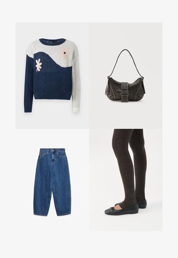 Suéter de punto en navy y gris claro con patrón de olas, diseño floral en rosa y negro, cuello redondo, puños y dobladillo acanalados.; Vaqueros de mezclilla azul con cintura alta, corte relajado y pierna recta. Diseño clásico de cinco bolsillos con cierre de cremallera y botón.; Piernas con leggings oscuros acanalados combinados con bailarinas negras que presentan pequeños detalles de lazo sobre un fondo blanco.; Bolso de hombro de cuero negro con detalle de correa con hebilla, bordes curvos y costuras blancas en contraste sobre un fondo liso.