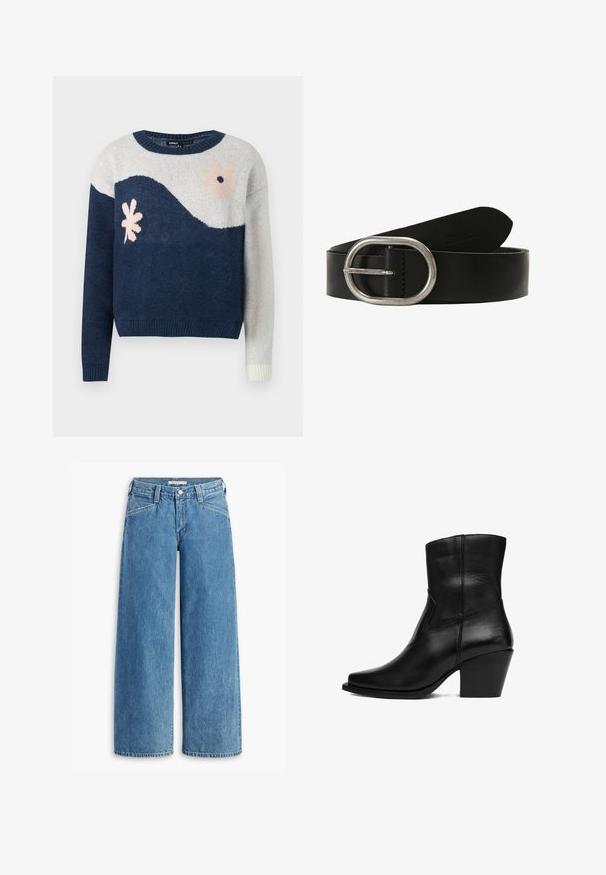 Marineblå og lysegrå strikket sweater med bølgemønster, blomstermotiv i pink og sort, rund hals, ribbede manchetter og kant.; Lysblå bredbenede jeans lavet af denim, med høj talje, fem lommer og en klassisk knaplukning. Lige snit fra lår til kant.; Sort læderankelstøvle med spids tå og buet hæl. Har et enkelt syningsmønster og ingen synlige metaldele.; Sort læderbælte med en bred, oval silvemetal spænde. Har en glat overflade og en afrundet spids, med syninger langs kanterne.