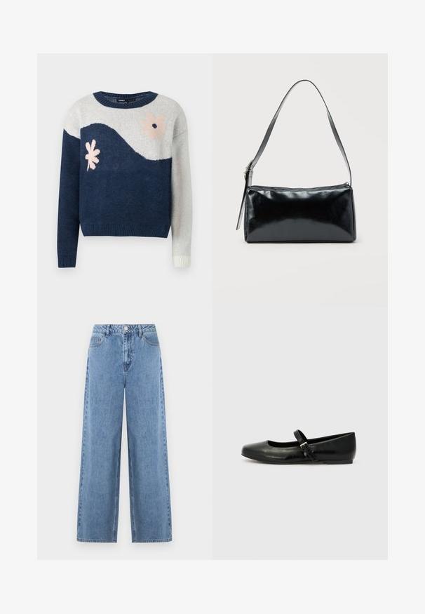 Marineblå og lysegrå strikket sweater med bølgemønster, blomstermotiv i pink og sort, rund hals, ribbede manchetter og kant.; Lyseblå jeans med brede ben lavet af denim. Har høj talje, bæltestropper, forlommer og en enkelt baglomme. Glat tekstur.; Sorte læder balletflade med rund tå, flad sål og en tynd justerbar rem over svangen med en metalspænde.; Sort rektangulær skuldertaske med en enkelt justerbar rem og lynlås i toppen på en ensfarvet baggrund.