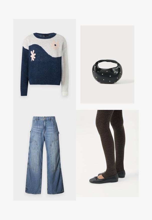 Marineblå og lysegrå strikket sweater med bølgemønster, blomstermotiv i pink og sort, rund hals, ribbede manchetter og kant.; Good American GOOD EASE RELAXED - Jeans Relaxed Fit - indigo; Ben iført mørke ribbede leggings kombineret med sorte balletsko med små sløjfedetaljer på hvid baggrund.; Sort læderhåndtaske med en rundet form, dekoreret med sølvnitter, og et kort håndtag. Glat tekstur og lynlåslukning.