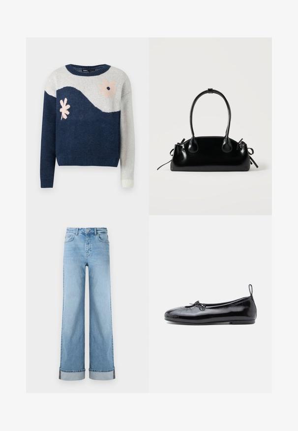 Marineblå og lysegrå strikket sweater med bølgemønster, blomstermotiv i pink og sort, rund hals, ribbede manchetter og kant.; Lyseblå, vide jeans i klassisk denim med høj talje, prydet med opbrettede kanter og synlig søm.; Sorte patenterede læder ballet flats med rund tå, lille sløjfedetalje og glat tekstur; har en lav flad sål og en træksløjfe ved hælen.; Lille sort blank håndtaske med to lange håndtag og snøre-detaljer i siden på en ensfarvet lys baggrund.