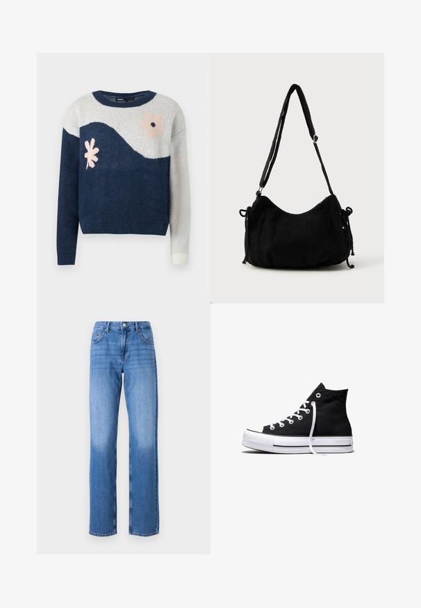 Marineblå og lysegrå strikket sweater med bølgemønster, blomstermotiv i pink og sort, rund hals, ribbede manchetter og kant.; Lyseblå denimjeans med høj talje, lige ben og slidte områder. Har almindelige for- og baglommer samt en knaplukning.; Sort high-top canvas sneaker med hvid gummisål og hvide snørebånd, vist fra siden mod en hvid baggrund.; Sort kordfløjls skuldertaske med en buet form, justerbar strop og snorelukninger på begge sider til størrelsejustering.