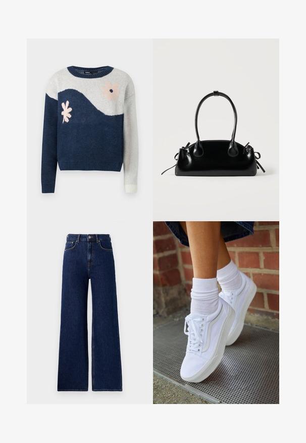 Marineblå og lysegrå strikket sweater med bølgemønster, blomstermotiv i pink og sort, rund hals, ribbede manchetter og kant.; Red Bull Racing x Pepe Jeans Wide leg - blue denim; Hvide lærreds sneakers med gummisåler, der har seks snørehuller, rund tå og let sømdetaljer, krydret med hvide ankelstrømper.; Lille sort blank håndtaske med to lange håndtag og snøre-detaljer i siden på en ensfarvet lys baggrund.