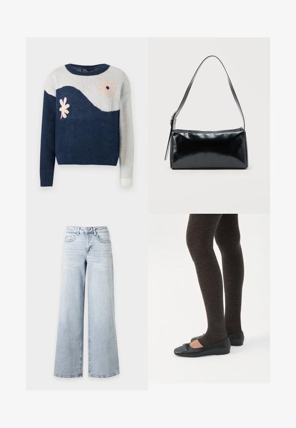 Marineblå og lysegrå strikket sweater med bølgemønster, blomstermotiv i pink og sort, rund hals, ribbede manchetter og kant.; Lyseblå jeans med høj talje og vide ben, med knap- og lynlås, for- og baglommer, vist på hvid baggrund.; Ben iført mørke ribbede leggings kombineret med sorte balletsko med små sløjfedetaljer på hvid baggrund.; Sort rektangulær skuldertaske med en enkelt justerbar rem og lynlås i toppen på en ensfarvet baggrund.