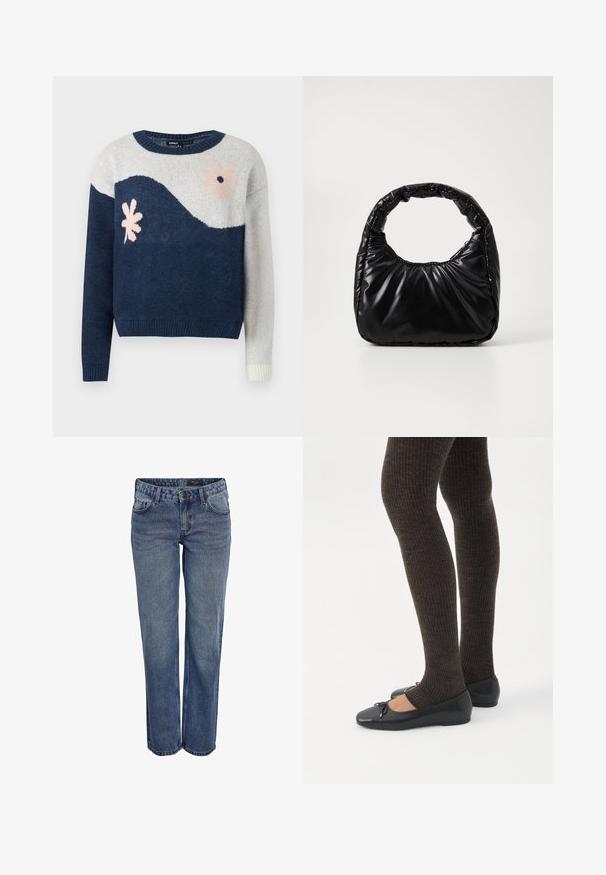 Marineblå og lysegrå strikket sweater med bølgemønster, blomstermotiv i pink og sort, rund hals, ribbede manchetter og kant.; Blå denim jeans med en lige benudskæring, der har et klassisk fem-lomme design, diskrete stikninger og en knaplukning.; Ben iført mørke ribbede leggings kombineret med sorte balletsko med små sløjfedetaljer på hvid baggrund.; Sort polstret håndtaske med et rundt håndtag, der har en glat, skinnende overflade og en blød, kviltet tekstur. Ingen synlige hardware eller accenter.