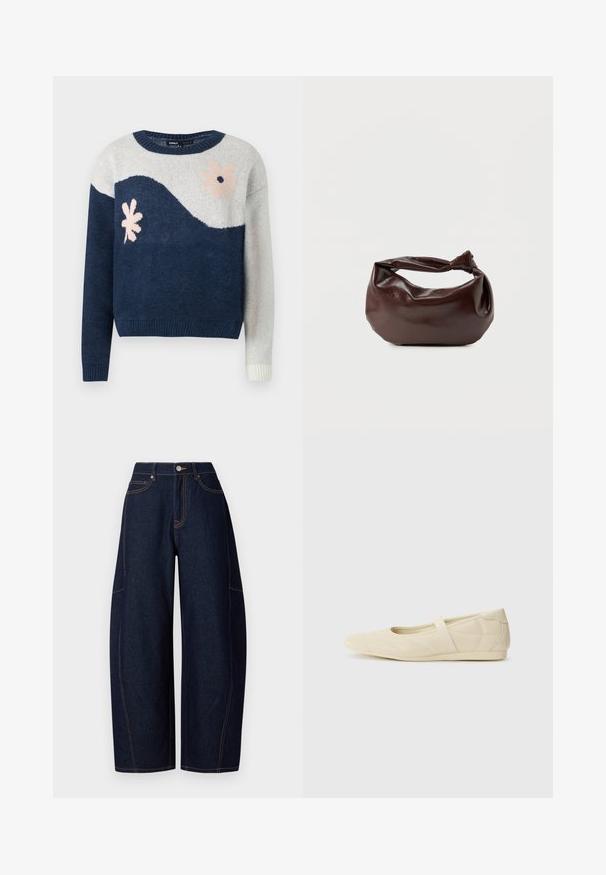 Suéter de punto en navy y gris claro con patrón de olas, diseño floral en rosa y negro, cuello redondo, puños y dobladillo acanalados.; Pantalones de mezclilla oscuros de pierna ancha con costuras naranjas en contraste, cinco bolsillos y un cierre de botón y cremallera en la cintura.; Bailarinas beige con un exterior de cuero liso, punta en forma de almendra y una correa elástica en el empeine, con detalles de costura sutiles.; Bolso de hombro de cuero marrón oscuro con una forma suave y caída, y un asa con nudo torcido sobre un fondo blanco liso.
