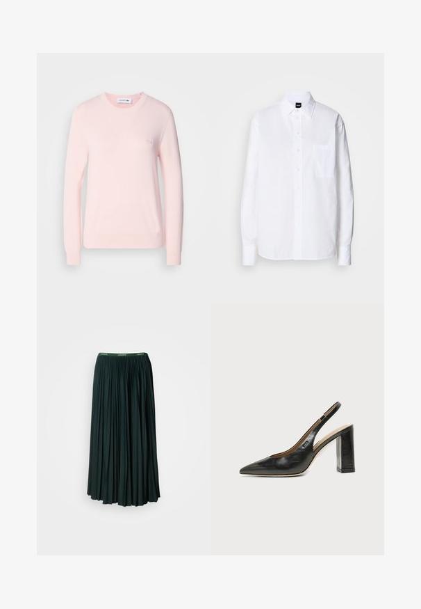 Suéter de punto rosa claro con cuello redondo, mangas largas y puños de canalé. Presenta un pequeño logotipo bordado en el pecho. Textura suave.; Camisa blanca de botón hecha de algodón, con cuello clásico, mangas largas, un bolsillo en el pecho y una textura suave y crujiente.; Larga falda plisada en verde oscuro con una cinturilla ancha que presenta el nombre de la marca "LACOSTE" en letras verdes contrastantes.; Zapato slingback de piel negra con puntera puntiaguda, tacón alto y ancho, y forro interior beige sobre un fondo claro y liso.