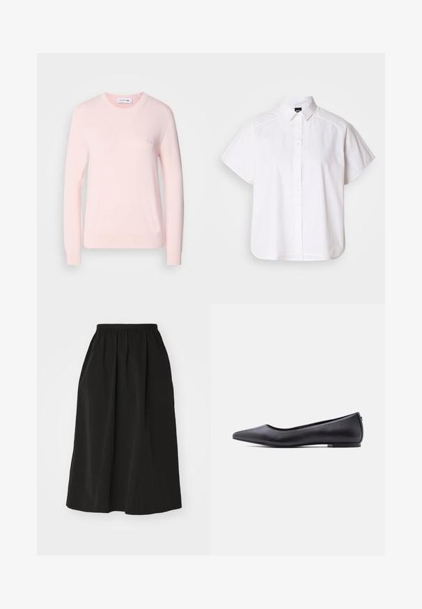 Lys pink strikket sweater med rund hals, lange ærmer og ribbede manchetter. Har et lille broderet logo på brystet. Blød tekstur.; Hvid kortærmet skjorte med knaplukning, spidse kraver og buet nederste kant. Lavet af bomuld med en glat struktur og uden synlige mønstre.; Sort maxiskørt lavet af letvægtsstof, med elastisk talje, plisseret design og glat overflade. Ingen synlige mønstre eller accenter.; Sort flad lædersko med spidst tåparti og lav hæl, vist i sideprofil mod en hvid baggrund.