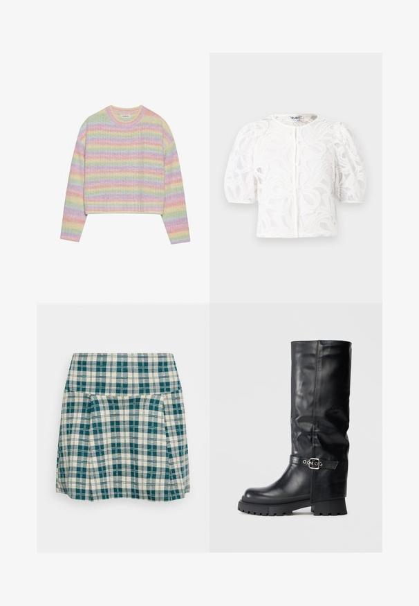 Pull en tricot à rayures pastel avec un col rond, des manches longues et une taille courte. Le tissu présente une finition légèrement texturée.; Blouse en dentelle blanche avec un col rond, des manches courtes bouffantes et un motif floral. Elle dispose d'une fermeture à boutons et d'un tissu transparent.; Jupe à carreaux en crème et teal, avec des plis, une taille ajustée et un tissu léger. Motif à carreaux distinctif sur l'ensemble.; Bottes noires jusqu'au genou en cuir lisse avec un accent de boucle. Semelle épaisse en caoutchouc avec un design de semelle robuste pour une meilleure traction.