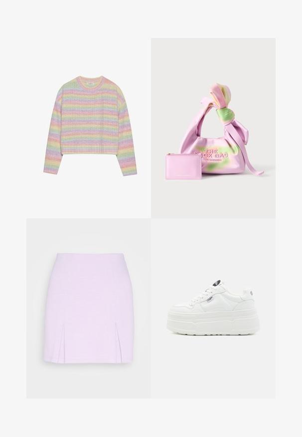 Pull en tricot à rayures pastel avec un col rond, des manches longues et une taille courte. Le tissu présente une finition légèrement texturée.; Even&Odd Minijupe - lilac; Baskets plateforme blanches avec un extérieur synthétique lisse, un bout arrondi, un col rembourré et une semelle texturée. Présente une étiquette logo contrastante.; Sac à main en tissu tie-dye rose et vert doux avec une poignée nouée et une petite pochette zippée en cuir rose assortie à côté.