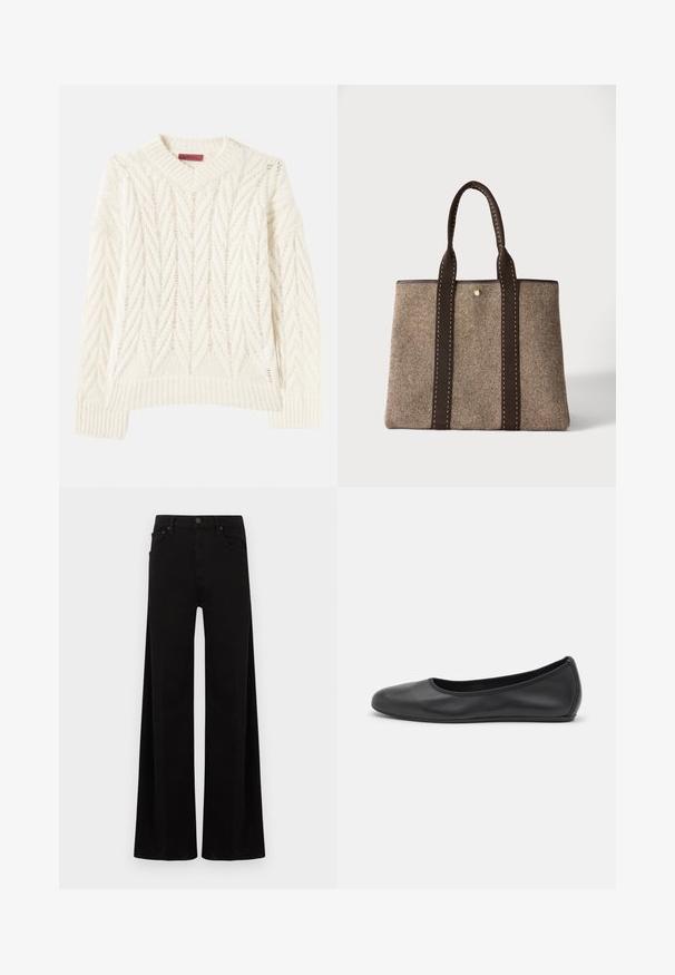 Pull en tricot crème avec un col rond côtelé, présentant un motif en chevron texturé et des lignes multidirectionnelles, des manches longues et un ourlet droit.; Pantalon noir à jambes larges en denim, avec une taille haute, des poches avant et une fermeture simple par bouton métallique.; Ballerines en cuir noir avec un bout rond, texture lisse, détails de couture minimalistes et design de semelle flexible.; Sac cabas en tissu tissé marron et beige avec deux poignées marron foncé et des surpiqûres contrastées, debout sur un fond uni.