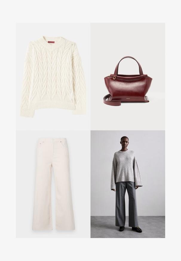 Pull en tricot crème avec un col rond côtelé, présentant un motif en chevron texturé et des lignes multidirectionnelles, des manches longues et un ourlet droit.; Pantalons en denim beige clair à jambes larges, taille haute, avec cinq poches et une fermeture à bouton à l'avant. Texture lisse, détails de couture minimalistes.; Pull en maille gris avec des manches larges et un ourlet côtelé, assorti à un pantalon gris taille haute avec un motif à carreaux discret et des mocassins noirs.; Sac à main en cuir rouge foncé avec doubles poignées supérieures, bandoulière amovible, ferrures dorées et nom de la marque Wandler au centre avant.