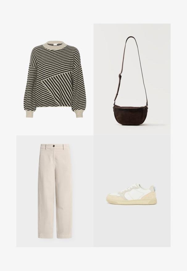 Sort og cremestribet sweater med rund hals og ballonærmer. Har varierede stribevinkler og blød strikstruktur.; Beige bukser med lige ben, bæltestropper, knaplukning og sidelommer, vist mod en ensfarvet lys baggrund.; Hvid og beige sneaker med en overdel i ruskind og tekstil, med kontrastsyninger, en gummisål og en lyseblå detalje på hælen.; Mørkebrun ruskind skuldertaske med justerbar rem og frontlynlås-lomme, stående mod en ensfarvet lys baggrund.