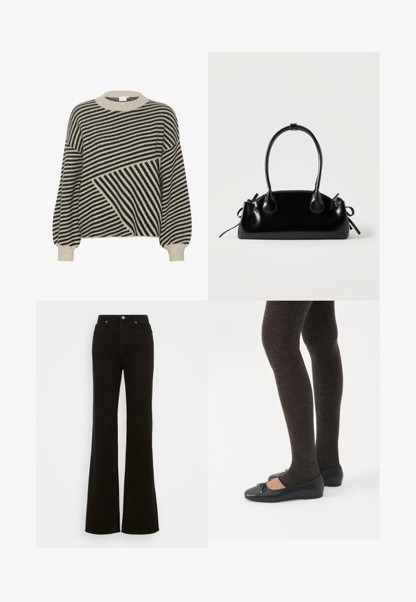 Sort og cremestribet sweater med rund hals og ballonærmer. Har varierede stribevinkler og blød strikstruktur.; Høj talje sorte flare jeans lavet af denim, med knaplukning, sidelommer og en glat tekstur.; Ben iført mørke ribbede leggings kombineret med sorte balletsko med små sløjfedetaljer på hvid baggrund.; Lille sort blank håndtaske med to lange håndtag og snøre-detaljer i siden på en ensfarvet lys baggrund.