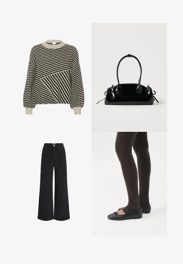 Sort og cremestribet sweater med rund hals og ballonærmer. Har varierede stribevinkler og blød strikstruktur.; Breddebenede sorte denimjeans med fem lomme-design, høj talje og knaplukning. Har diskret syninger og en ren finish.; Ben iført mørke ribbede leggings kombineret med sorte balletsko med små sløjfedetaljer på hvid baggrund.; Lille sort blank håndtaske med to lange håndtag og snøre-detaljer i siden på en ensfarvet lys baggrund.