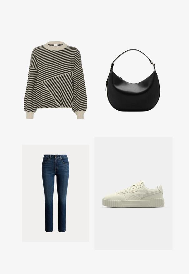 Pull rayé noir et crème avec un col rond et des manches bouffantes. Présente des angles de rayures variés et une texture en maille douce.; Jean en denim bleu foncé avec une coupe slim, taille mi-haute, design à cinq poches, et subtiles effets d'usure sur le devant pour plus de texture.; Baskets Puma en daim blanc cassé, dotées d'un design plat, d'une semelle épaisse à nervures, d'un système de laçage et d'un détail de marque subtil sur le côté.; Sac à main en cuir noir en forme de croissant avec une seule bandoulière ajustable et un design lisse et minimaliste.