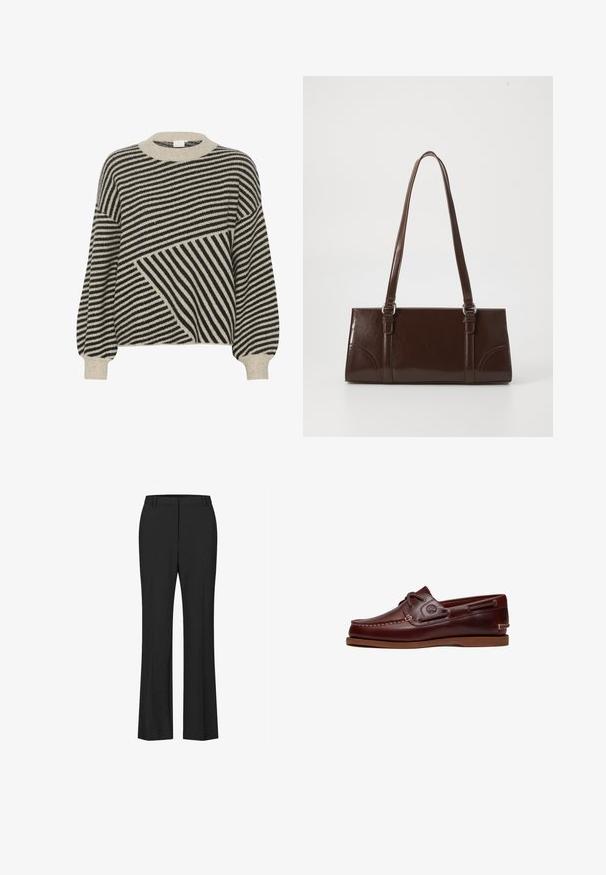 Sort og cremestribet sweater med rund hals og ballonærmer. Har varierede stribevinkler og blød strikstruktur.; Sorte buksestof i en glat kvalitet med skræddersyet talje og frontfald. Lige bendesign der når anklerne.; Brun læder bådsko med snørre, syningsdetaljer og Timberland-logo på siden, vist på en hvid baggrund.; Brun lakeret håndtaske med rektangulær form, to lange håndtag og subtile buede detaljer på fronten.