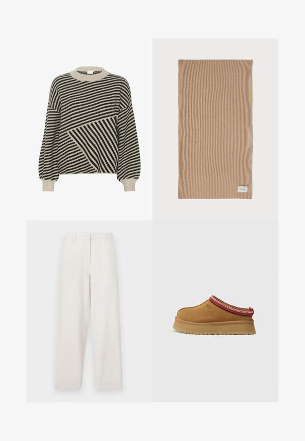 Pull rayé noir et crème avec un col rond et des manches bouffantes. Présente des angles de rayures variés et une texture en maille douce.; Pantalons en coton beige avec une coupe droite, présentant une fermeture à bouton, des poches avant et une finition soignée aux ourlets.; Chaussure slip-on en daim marron avec un bord en rouge et crème à motifs, semelle texturée et logo UGG sur le côté. Présente une légère hauteur de plateforme.; Écharpe en tricot beige avec des côtes verticales, dotée d'une petite étiquette blanche avec "IVY OAK" dans le coin inférieur droit. Texture douce, forme rectangulaire.