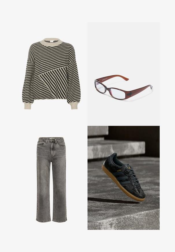 Sort og cremestribet sweater med rund hals og ballonærmer. Har varierede stribevinkler og blød strikstruktur.; Mørkegrå jeans med lige ben og høj talje, med forlommer, lynlås og en subtil falmet tekstur over det hele.; Sort Adidas Samba-sneaker med struktureret mønster, gummisål og guldlogo, placeret i luften over betontrin.; Brune-farvede rektangulære briller med en glat overflade, der har slanke arme og gennemsigtige linser. Logoet er synligt på venstre temple.