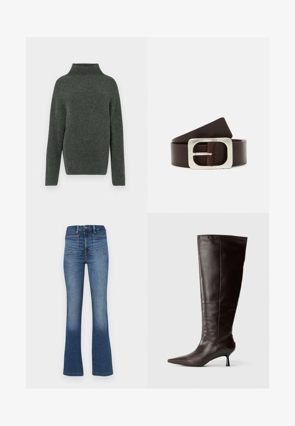 Pull en tricot vert foncé avec un col haut, des manches longues et une coupe décontractée. Son tissu texturé présente un aspect doux et légèrement duveteux.; Good American GOOD CURVE - Jean bootcut - indigo; Botte en cuir marron, hauteur genou, avec un bout pointu et un talon fin. Texture lisse et design élégant, arborant une silhouette minimaliste.; Ceinture en cuir marron avec une boucle rectangulaire en argent et une texture lisse, dotée d'une extrémité effilée pour un ajustement de taille.