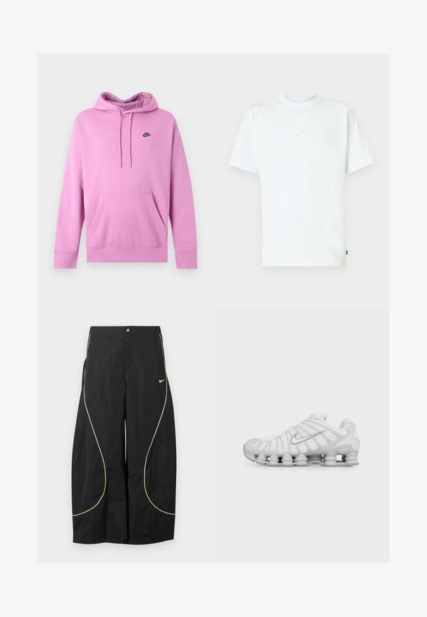 Ανοιχτό ροζ φούτερ Nike με κουκούλα, μπροστινή τσέπη και κορδόνια, με μικρό μαύρο λογότυπο Nike στο αριστερό στήθος.; Λευκή βαμβακερή μπλούζα με στρογγυλή λαιμόκοψη, κοντά μανίκια και μικρό ανάγλυφο λογότυπο Nike στο στήθος. Μαλακή υφή και άνετη εφαρμογή.; Μαύρο παντελόνι Nike με φαρδιά μπάσκα, νεον πράσινη καμπύλη διακόσμηση και μικρό λογότυπο Nike Swoosh στο δεξί μηρό, κλείσιμο με κουμπί και φερμουάρ στη μέση.; Λευκό αθλητικό παπούτσι Nike με ορατή αεριζόμενη σόλα και ασημένιο λογότυπο Swoosh στο πλάι, απεικονιζόμενο από την εξωτερική πλευρά.
