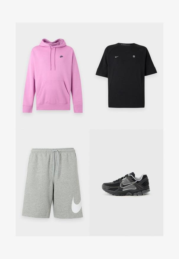 Ανοιχτό ροζ φούτερ Nike με κουκούλα, μπροστινή τσέπη και κορδόνια, με μικρό μαύρο λογότυπο Nike στο αριστερό στήθος.; Μαύρο αθλητικό μπλουζάκι Nike με κοντά μανίκια, λευκό λογότυπο swoosh στο αριστερό στήθος και μικρό τετράγωνο έμβλημα στο δεξί στήθος, απλό φόντο.; Ανοιχτό γκρι αθλητικά σορτς με ελαστική μέση, κορδόνι και μεγάλο λευκό λογότυπο Nike swoosh στο κάτω αριστερό πόδι.; Μαύρο αθλητικό παπούτσι με πάνελ από δίχτυ και συνθετικές λεπτομέρειες. Διαθέτει στρογγυλεμένο μπροστινό μέρος, παχύ μαξιλαρωτό πάτο και λευκές λεπτομέρειες λογότυπου που ξεχωρίζουν.