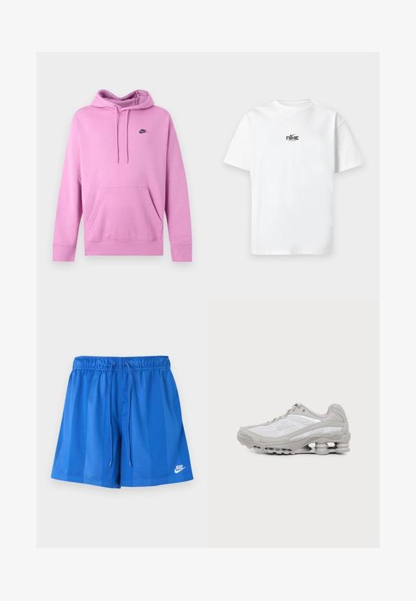 Ανοιχτό ροζ φούτερ Nike με κουκούλα, μπροστινή τσέπη και κορδόνια, με μικρό μαύρο λογότυπο Nike στο αριστερό στήθος.; Λευκό t-shirt με κοντά μανίκια, με μικρό μαύρο λογότυπο Nike και κείμενο στο κέντρο στο στήθος, πάνω σε μονόχρωμο λευκό φόντο.; Μπλε αθλητικό σορτς με ελαστική ζώνη μέσης και κορδόνι, με λευκό λογότυπο Nike στο κάτω αριστερό πόδι.; Γκρι και άσπρο αθλητικό παπούτσι με ορατό αεριζόμενο πέλμα και πλέγμα, εμφανίζεται σε προφίλ σε απλό ανοιχτό φόντο.