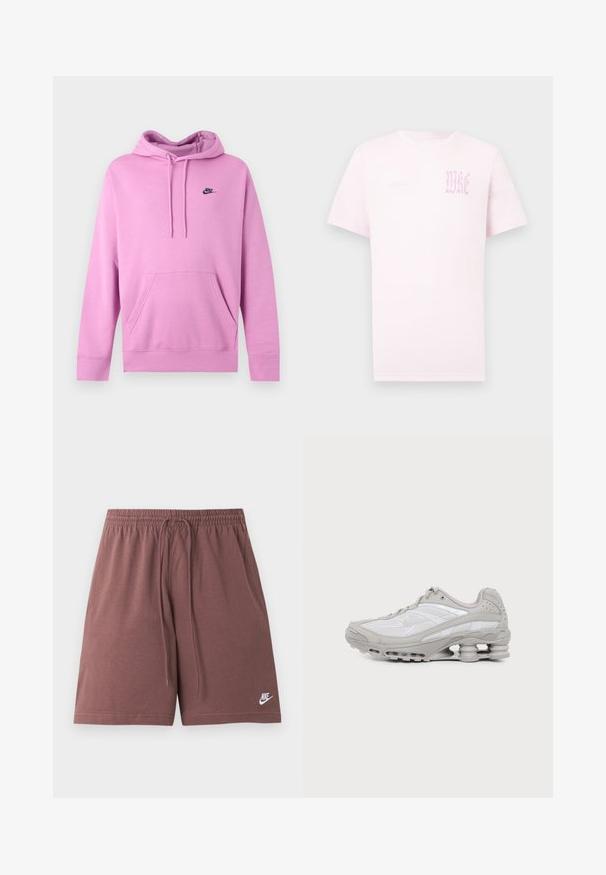 Ανοιχτό ροζ φούτερ Nike με κουκούλα, μπροστινή τσέπη και κορδόνια, με μικρό μαύρο λογότυπο Nike στο αριστερό στήθος.; Ανοιχτό ροζ κοντομάνικο μπλουζάκι με στρογγυλή λαιμόκοψη και ξεθωριασμένο γοτθικό κείμενο "WKE" στο πάνω μέρος του αριστερού στήθους.; Καφέ σορτς Nike με ελαστική μέση και κορδόνι, με μικρό λευκό λογότυπο Nike στο κάτω αριστερό πόδι.; Γκρι και άσπρο αθλητικό παπούτσι με ορατό αεριζόμενο πέλμα και πλέγμα, εμφανίζεται σε προφίλ σε απλό ανοιχτό φόντο.