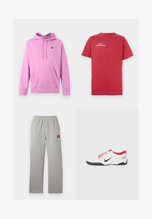 Ανοιχτό ροζ φούτερ Nike με κουκούλα, μπροστινή τσέπη και κορδόνια, με μικρό μαύρο λογότυπο Nike στο αριστερό στήθος.; Κόκκινο βαμβακερό t-shirt με στρογγυλή λαιμόκοψη, που φέρει λευκό λογότυπο Nike και το κείμενο "NIKE OFFICIAL" στο κέντρο του στήθους. Κοντά μανίκια.; Γκρι φόρμα με ελαστική μέση, ευθεία κοπή και ένα μικρό κόκκινο και λευκό λογότυπο Nike στο αριστερό μέρος. Απαλή υφή.; Λευκό αθλητικό παπούτσι με κόκκινες λεπτομέρειες, μαύρο λογότυπο Swoosh και υφασμάτινο σχέδιο. Διαθέτει λευκές κορδόνες και μαύρη σόλα. Το κείμενο αναγράφει "total90".