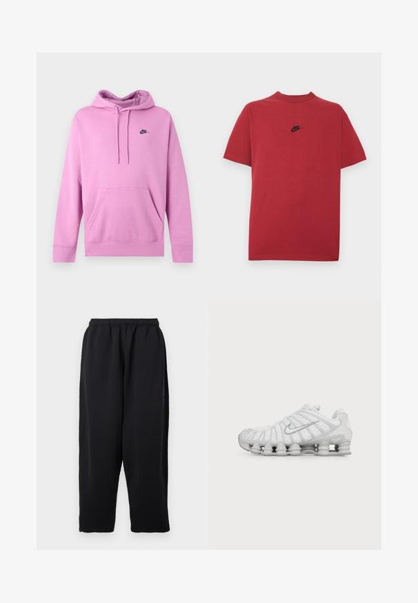 Ανοιχτό ροζ φούτερ Nike με κουκούλα, μπροστινή τσέπη και κορδόνια, με μικρό μαύρο λογότυπο Nike στο αριστερό στήθος.; Κόκκινη βαμβακερή μπλούζα με μαύρο λογότυπο Nike στο στήθος, κοντά μανίκια, στρογγυλή λαιμόκοψη και κανονική εφαρμογή. Ομαλή υφή.; Μαύρο παντελόνι φόρμας από απαλό ύφασμα, με ελαστική μέση, φαρδιές πόρπες και πλαϊνές τσέπες με διακριτικές μπλε λεπτομέρειες.; Λευκό αθλητικό παπούτσι Nike με ορατή αεριζόμενη σόλα και ασημένιο λογότυπο Swoosh στο πλάι, απεικονιζόμενο από την εξωτερική πλευρά.