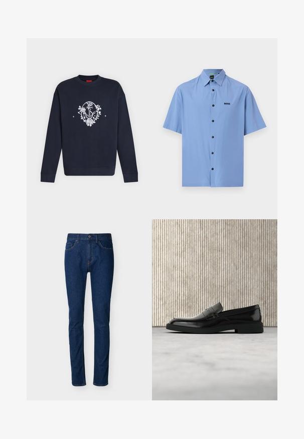 Sweat-shirt bleu marine à manches longues avec un motif d’ancre blanche et une couronne florale centré sur la poitrine.; Chemise à manches courtes bleu clair avec col pointu et boutons noirs, présentant un petit logo "BOSS" noir sur la poitrine gauche.; Jean en denim bleu foncé à coupe slim, design à cinq poches, coutures visibles et fermeture par bouton à la taille. Texture lisse.; Mocassin en cuir noir poli flottant au-dessus d'un tapis beige avec un mobilier translucide orange en arrière-plan.