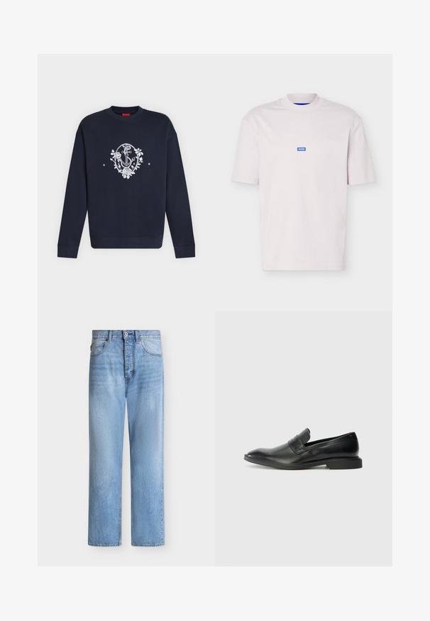 Sweat-shirt bleu marine à manches longues avec un motif d’ancre blanche et une couronne florale centré sur la poitrine.; T-shirt à manches courtes de couleur rose clair unie avec un petit logo bleu "HUGO" centré sur la poitrine et un col rond côtelé.; Jean droit en denim bleu clair avec fermeture par bouton et zip, poches avant et arrière, et passants de ceinture à la taille.; Mocassins en cuir noir avec une texture lisse, un nez pointu et un petit talon rectangulaire. Présente un détail de bande horizontale sur le dessus.
