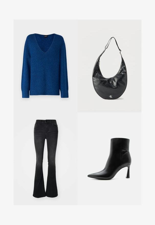 BOSS FUSONIA - Pullover - blue; Jean noir évasé en denim, avec une taille haute, poches frontales, fermeture à bouton et finitions nettes à l'ourlet.; Bottine en cuir noir avec bout pointu et talon aiguille fin et haut, vue de profil sur fond blanc.; Sac d'épaule en cuir noir en forme de croissant avec une sangle ajustable et un logo argenté « cK » à l'avant, sur fond blanc.