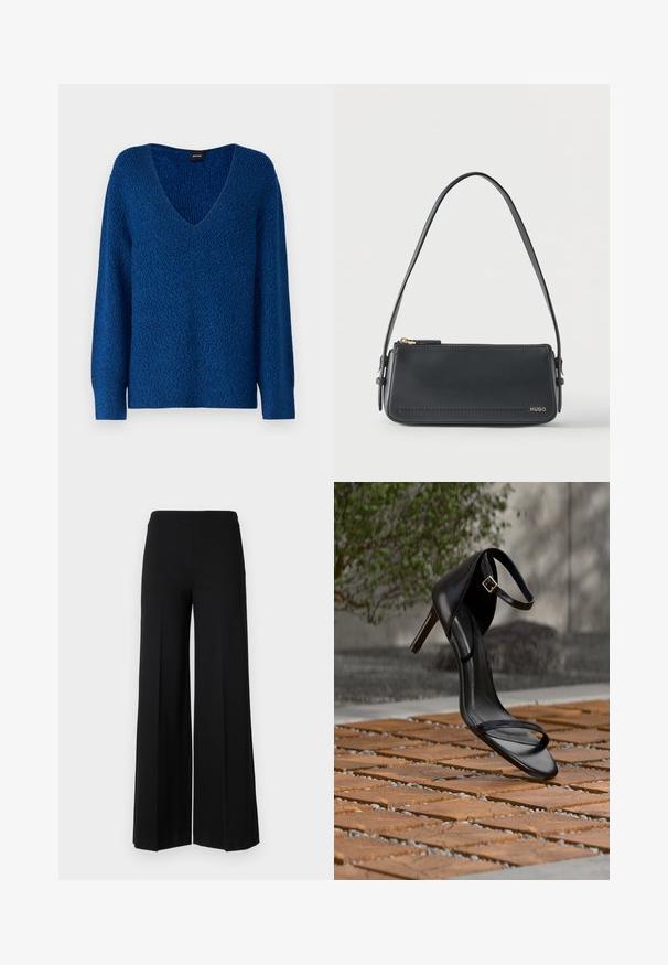 BOSS FUSONIA - Pullover - blue; Pantalons larges noirs avec une texture lisse, présentant une taille haute et sans fermetures visibles. Design simple et épuré.; Sandale noire à talon haut avec sangle à la cheville, suspendue au-dessus d'un sol en carreaux de bois à l'extérieur, avec un arrière-plan flou de verdure et de pierre.; Sac à bandoulière rectangulaire en cuir noir avec fermeture éclair dorée et petit logo "HUGO" doré sur le devant, doté d'une sangle réglable avec boucle.