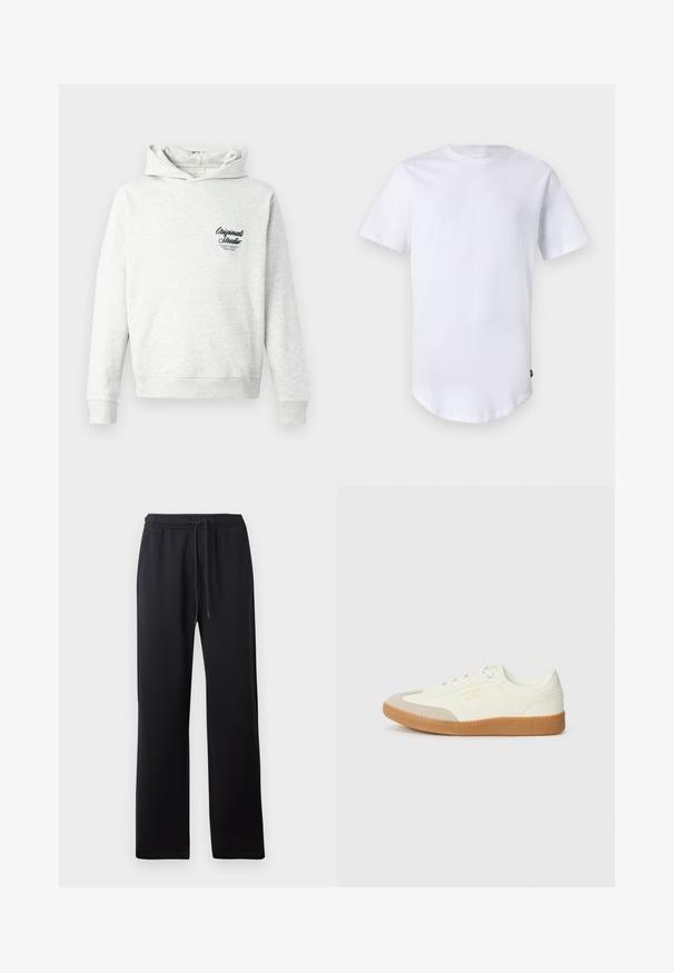 Lysegrå hættetrøje med kengurulomme, ribstrikkede manchetter og kant. Har en sort "Originals Studio" grafik på venstre bryst.; Hvid kortærmet t-shirt lavet af bomuld. Rund halsudskæring med en buet kant. Etiket synlig på nederste venstre side. Glat tekstur.; Abercrombie & Fitch ESSENTIAL BAGGY OPEN HEM CASUAL - Træningsbukser - black; Sneaker lavet af hvid læder med en beige tåhætte og let brunt gummisål. Har flade hvide snørebånd og prægede branding på siden.