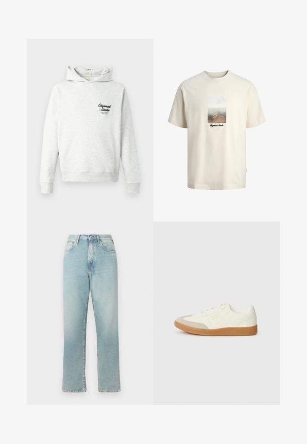 Lysegrå hættetrøje med kengurulomme, ribstrikkede manchetter og kant. Har en sort "Originals Studio" grafik på venstre bryst.; Kremfarvet T-shirt med en grafik af en træbro med udsigt over roligt vand og teksten "Originals Studio" under billedet.; Lysblå højtaljede straight-leg jeans lavet af denim. Har klassisk femlomme-design og en lynlås med knaplukning.; Sneaker lavet af hvid læder med en beige tåhætte og let brunt gummisål. Har flade hvide snørebånd og prægede branding på siden.