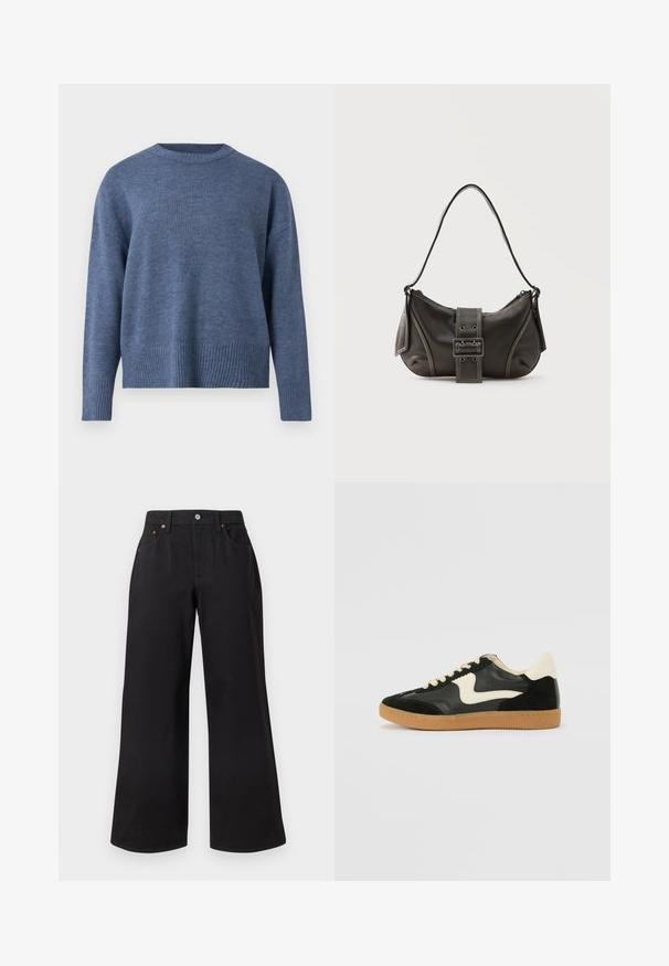 Pull en tricot bleu avec un col et un ourlet côtelés. Doté de manches longues et d'une coupe décontractée, fabriqué en tissu doux.; Pantalon noir à jambes larges avec bouton et fermeture éclair à l'avant, passants pour ceinture et style à cinq poches, présenté sur fond blanc.; Baskets en daim et cuir noir avec un swoosh latéral crème et un talon crème clair. Dotées de lacets beige et d'une semelle en caoutchouc gomme.; Sac à épaule en cuir noir avec une sangle à boucle, des bords arrondis et des coutures blanches contrastées sur un fond uni.